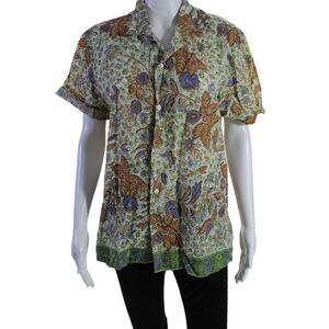 Bsbee Womens Short Sleeve Collared Button Up Multicolor Blouse Green Size S